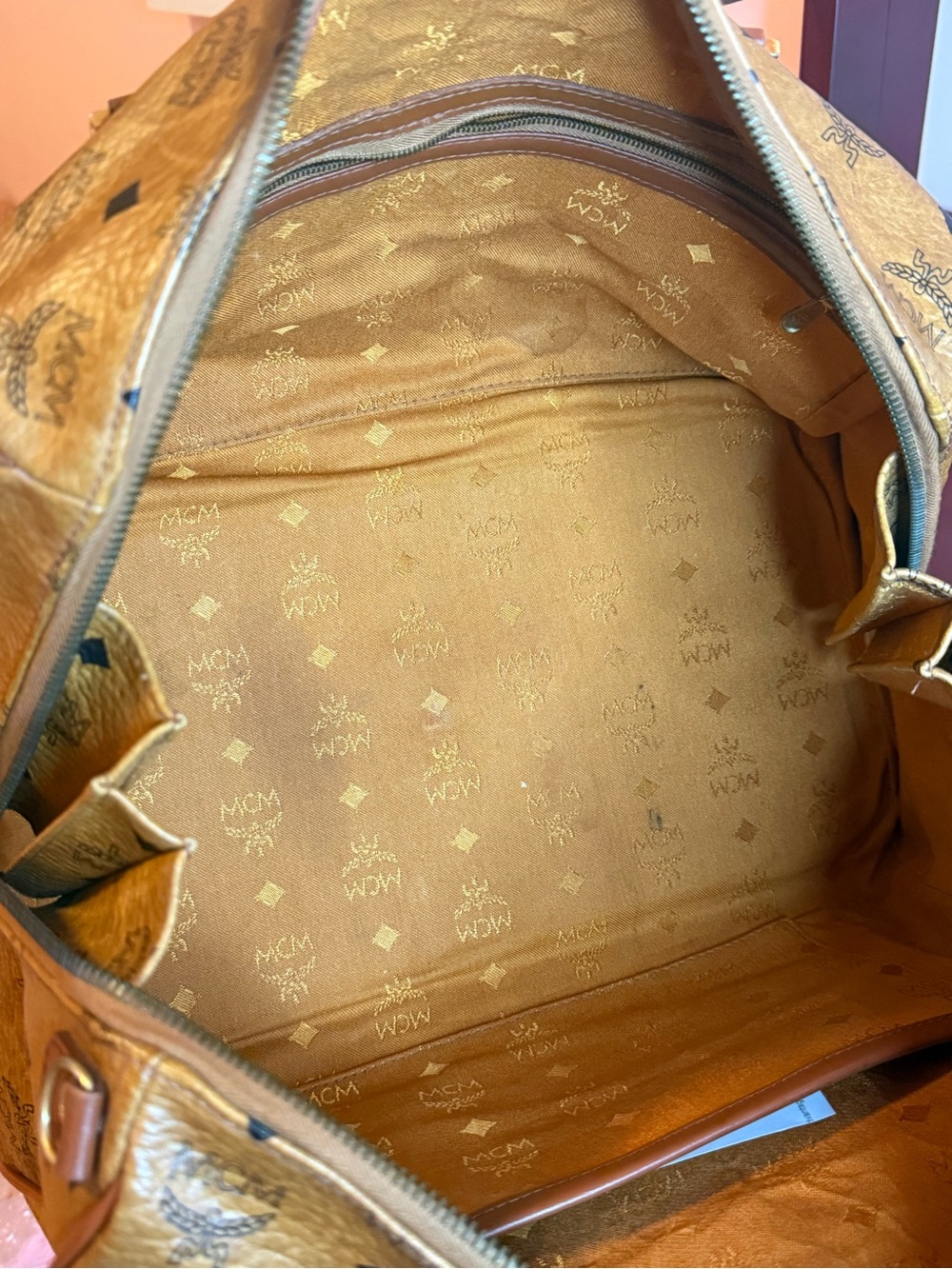 MCM Monogram Visetos Travel Duffle in Cognac Brown with Black Accents 35 - Picture 8 of 13